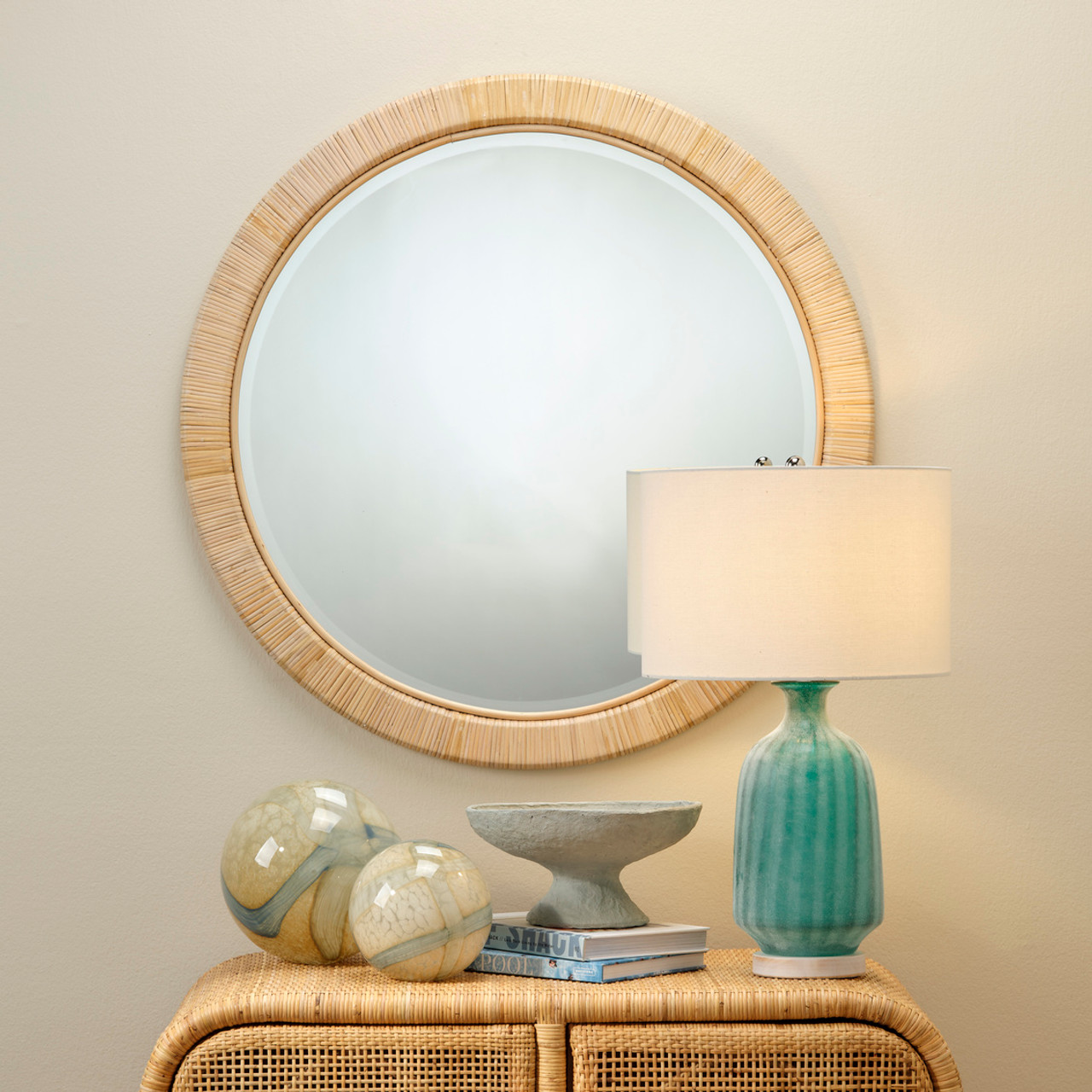 Hale Koa Rattan Mirror with Sanibel Frosted Aqua Glass Lamp