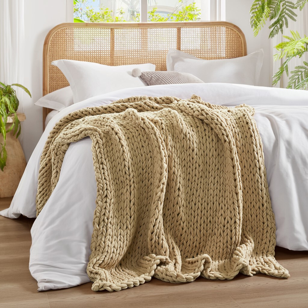 Tan Chunky Knit Throw image on bed