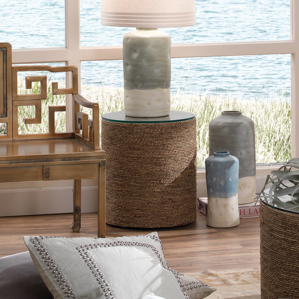 Harbor Glass Topped Side Table in Natural Seagrass