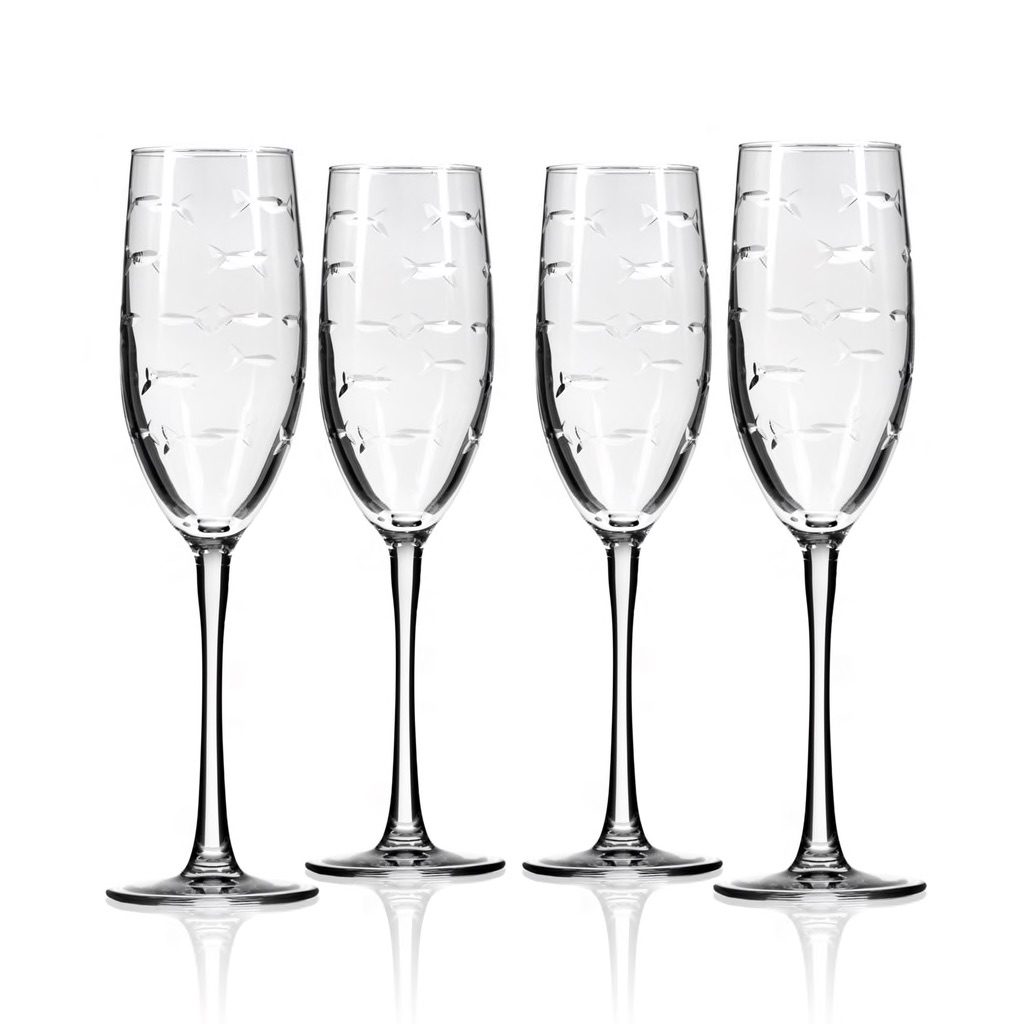 School of Fish Etched Flute Glassware - Set of 4