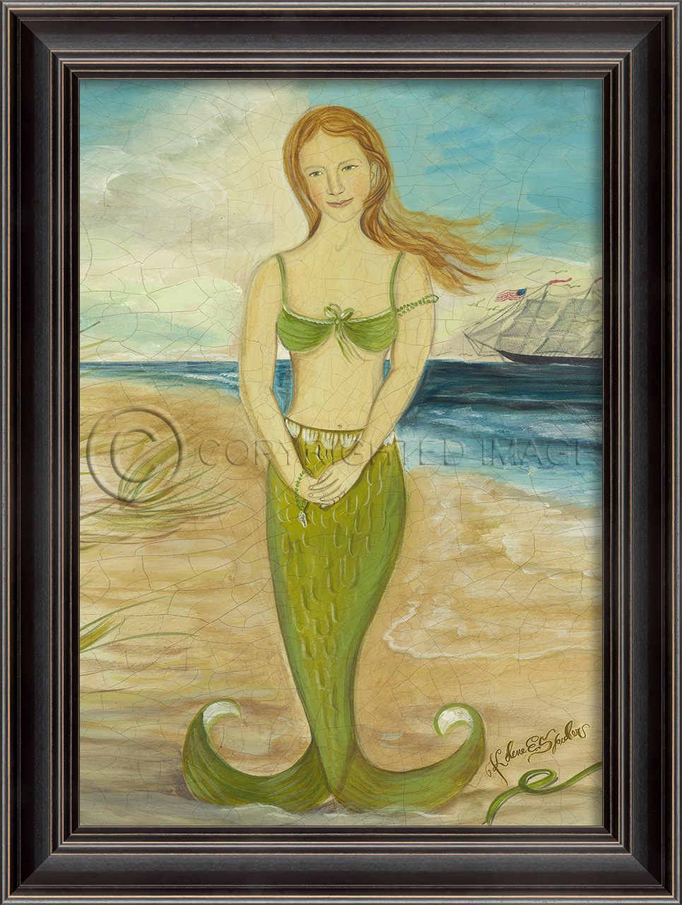Red Headed Mermaid with Green Tail