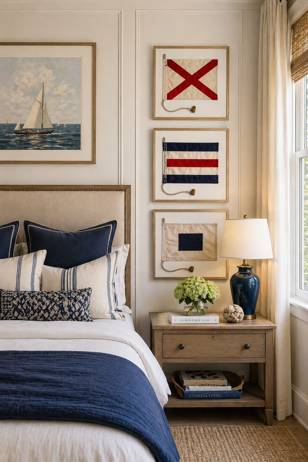Coastal Bedroom Image with Signal Flag Art on Walls