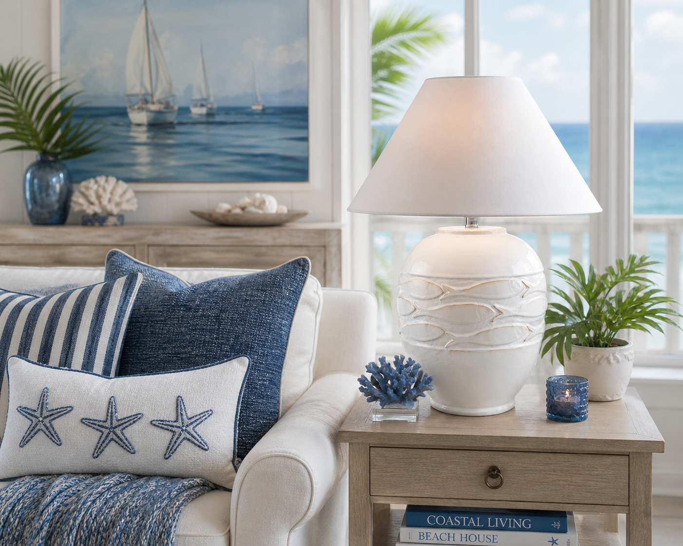 White Fish Embossed Table Lamp in Beach Room