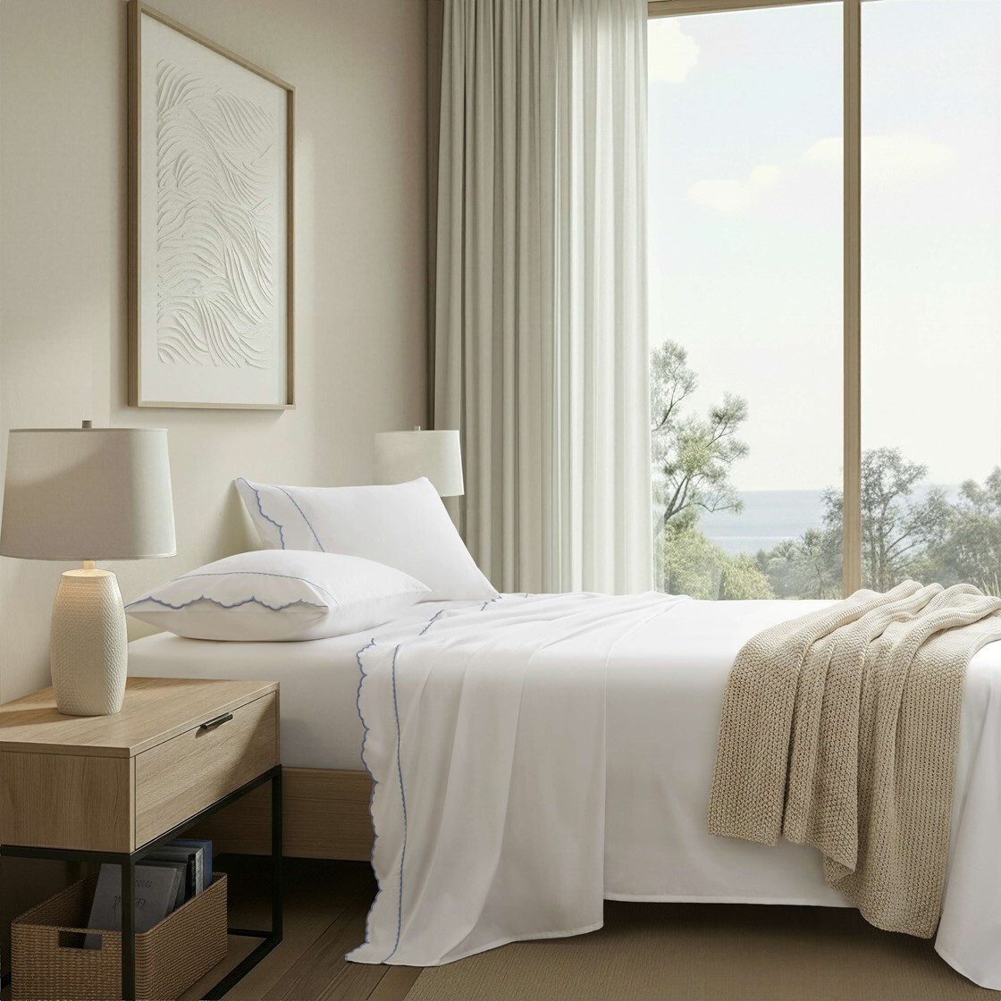 Siesta Blue Scalloped Cotton Sheet Sets Image in Room