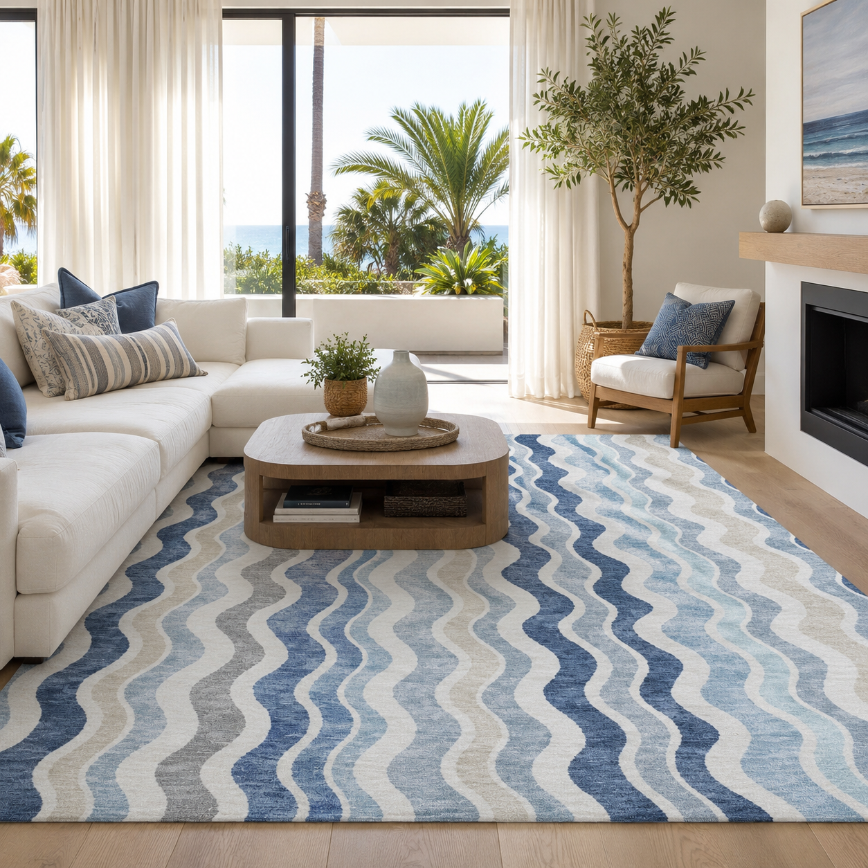 Blue Ocean Drift Rug Room Example