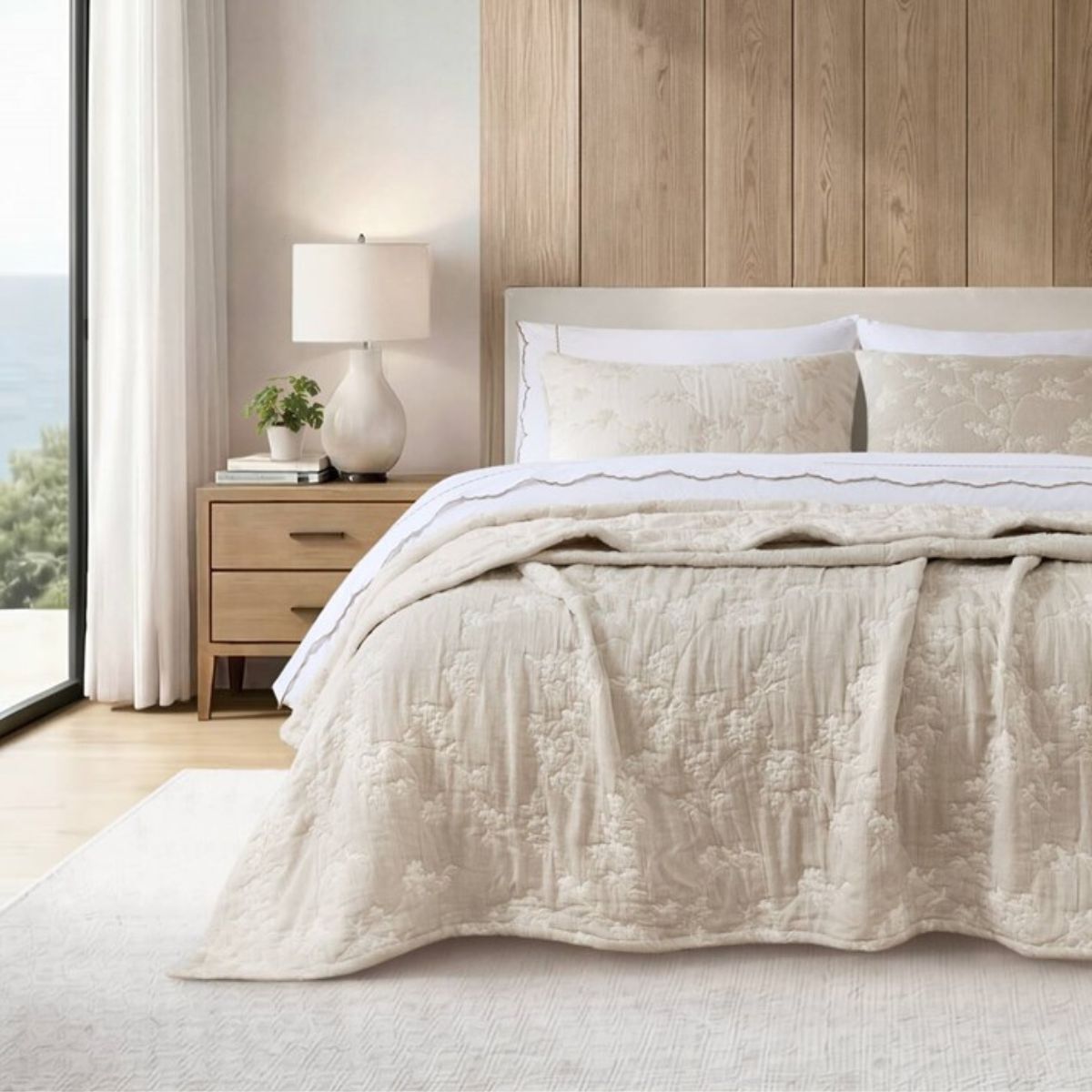 Catalina Linen Botanical 3-Piece Premium Quilt Set in a California Style Room