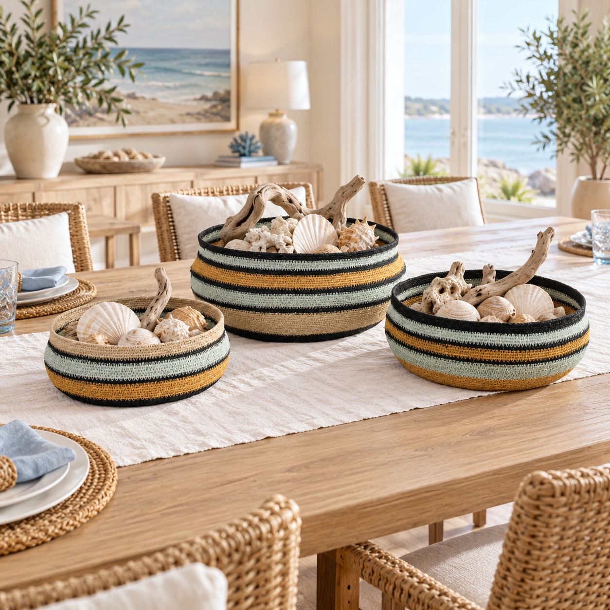 Tomales Bay Set of Three Baskets filled with shells and driftwood Tomales Bay Set of Three Baskets filled with shells and driftwood