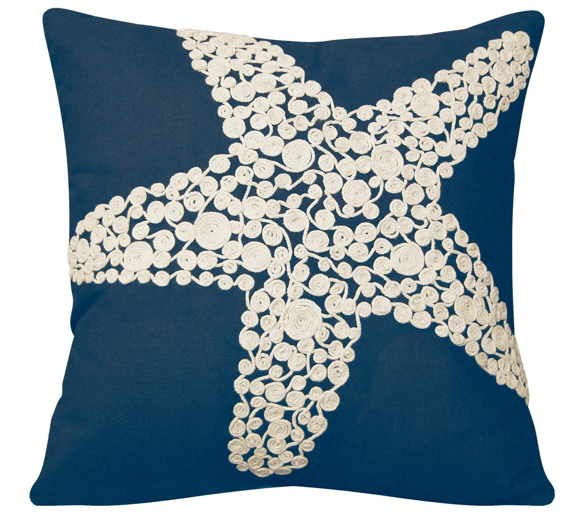 Navy Blue Starfish Crewel Embroidered Pillow