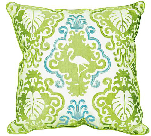 Green Flamingo Embroidered Pillow