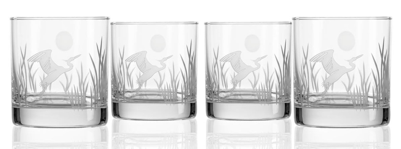 Heron Etched On the Rocks Glasses