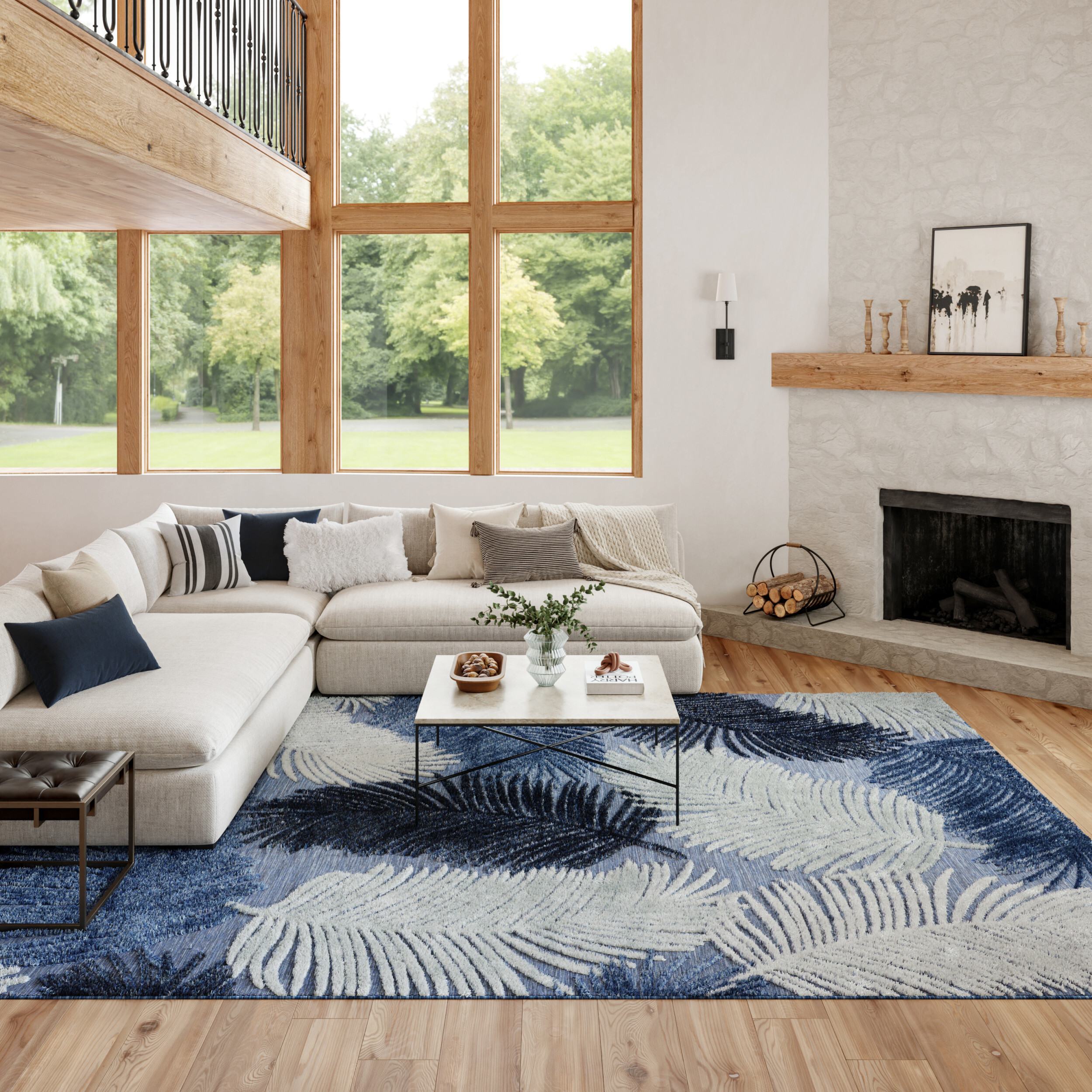 Fiji Blue Palms Indoor-Outdoor Tufted Area Rug Full Room Example with large rug