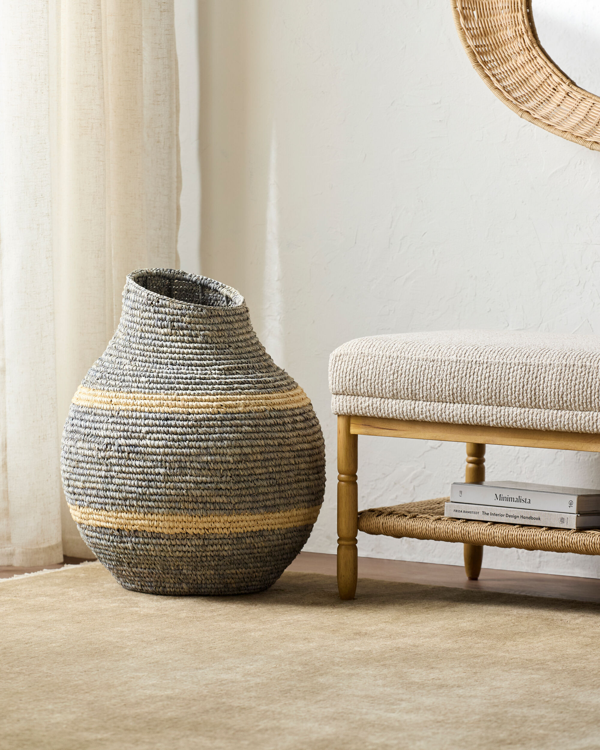 Isabel Ocean Blue Raffia Decorative Basket Next to entry bench Isabel Ocean Blue Raffia Decorative Basket Next to entry bench