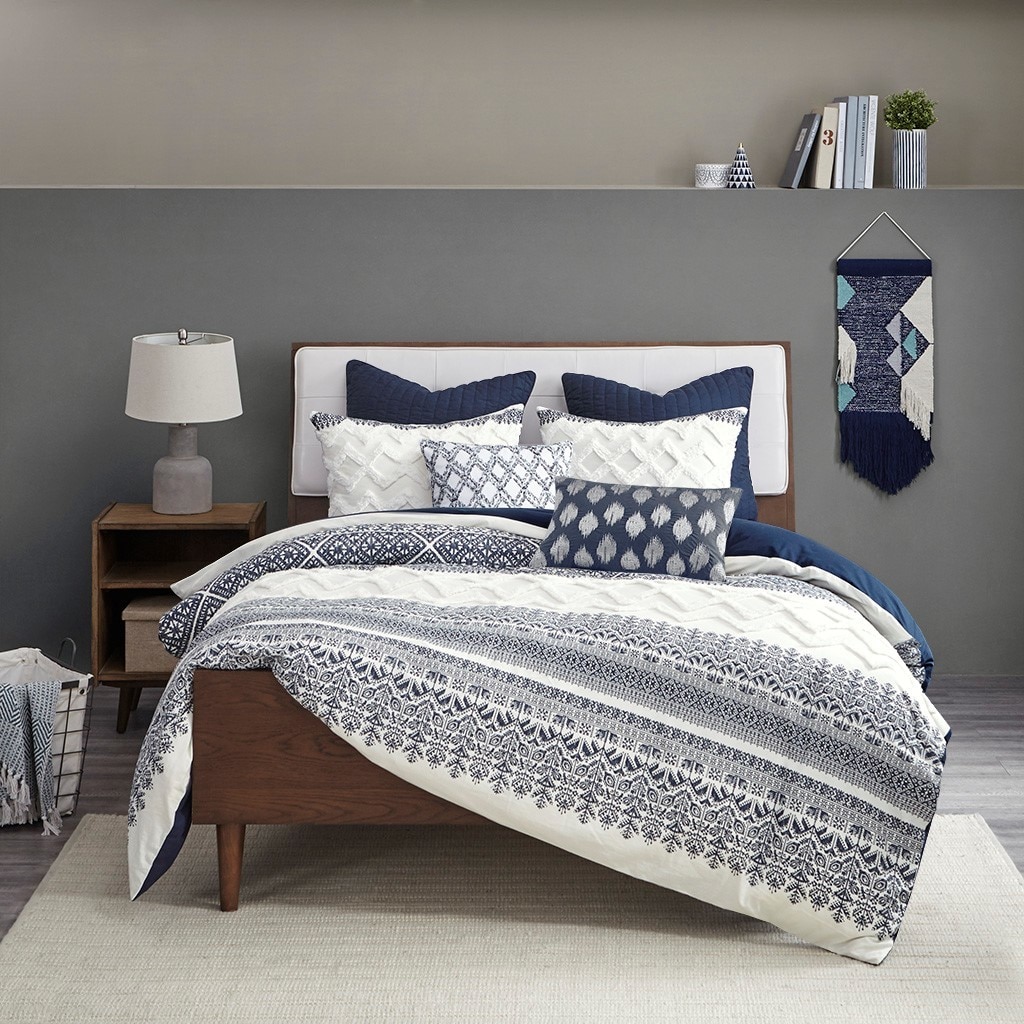 Malibu Boho Navy and White Printed Duvet Set - Queen