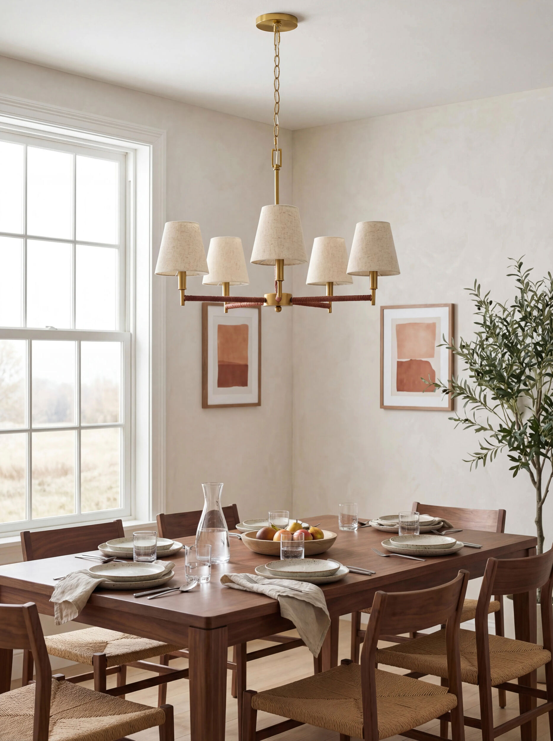 Mistral Brass and Rattan Wrapped Chandelier in a Dining Room Mistral Brass and Rattan Wrapped Chandelier in a Dining Room