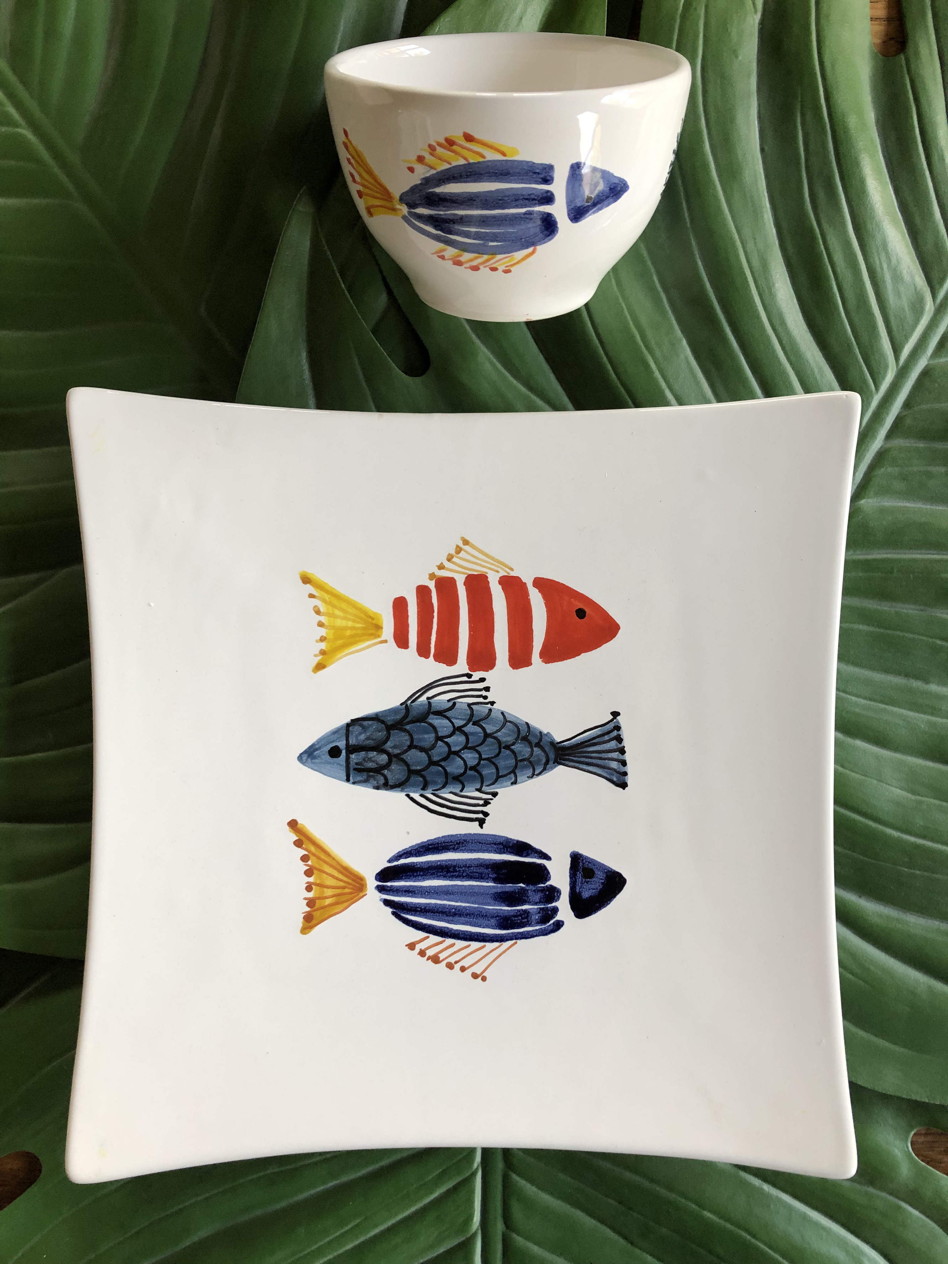 Hand-Painted Mod Fish Square Platters