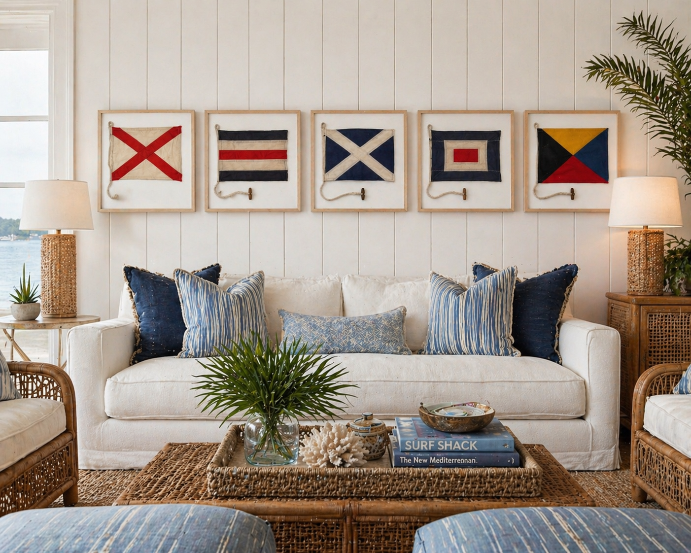 signal flags on a wall in a coastal cottage styled living room