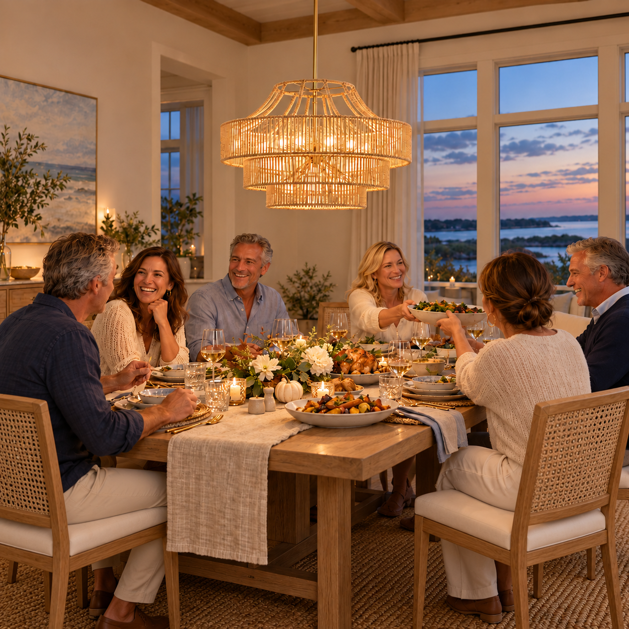 Ravella Chandelier Over Dinner Table with People Ravella Chandelier Over Dinner Table with People