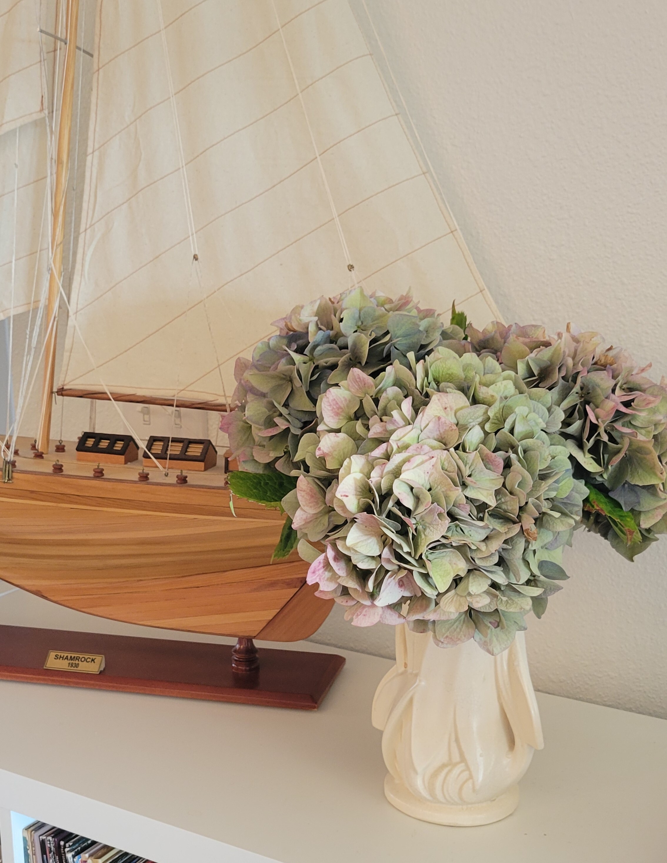 Caron's Living Room with Sailboat and Hydrangeas