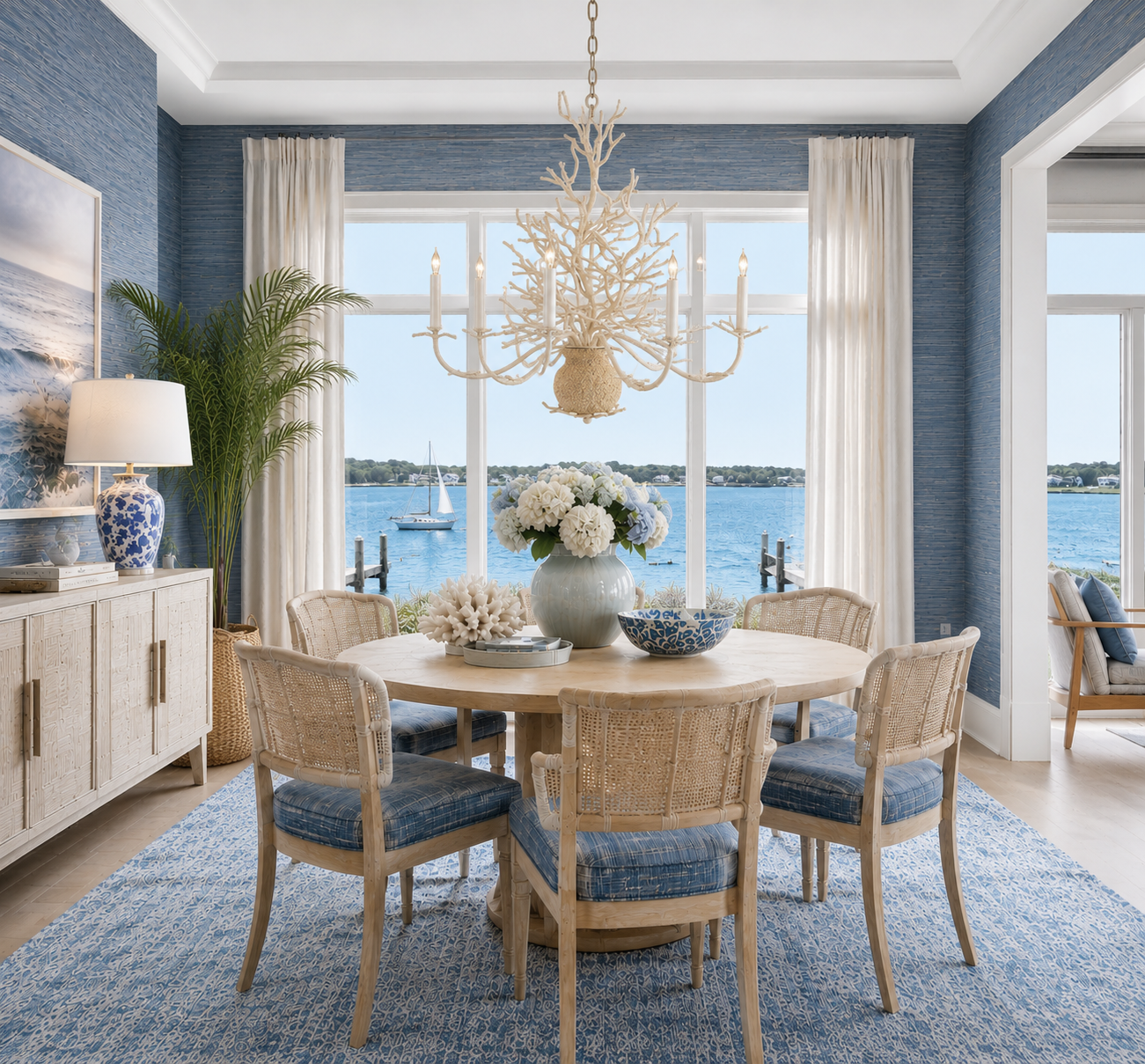 Seaward Chandelier Hanging in Blue Dining Room Seaward Chandelier in Blue Dining Room