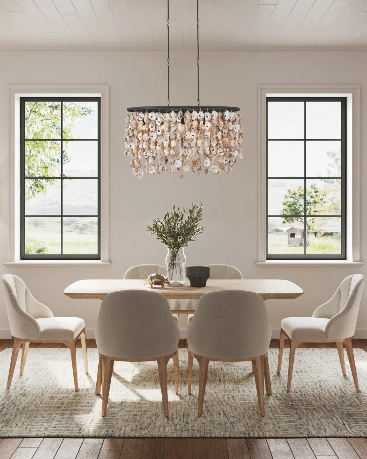 Stillwater Oval Shaped Oyster Shell Chandelier in Dining Room Stillwater Oval Shaped Oyster Shell Chandelier in Dining Room