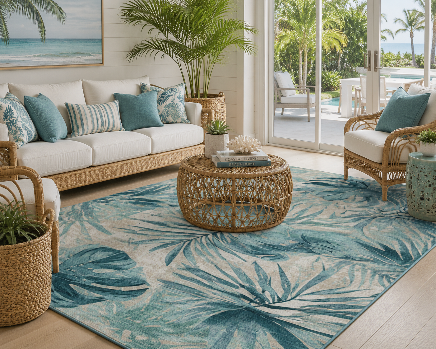Belmar Coast Teal Palms Plush Area Rug Room Image Example